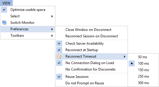 View menu - selecting reconnect timeout when [Check Server Availability] menu is checked
